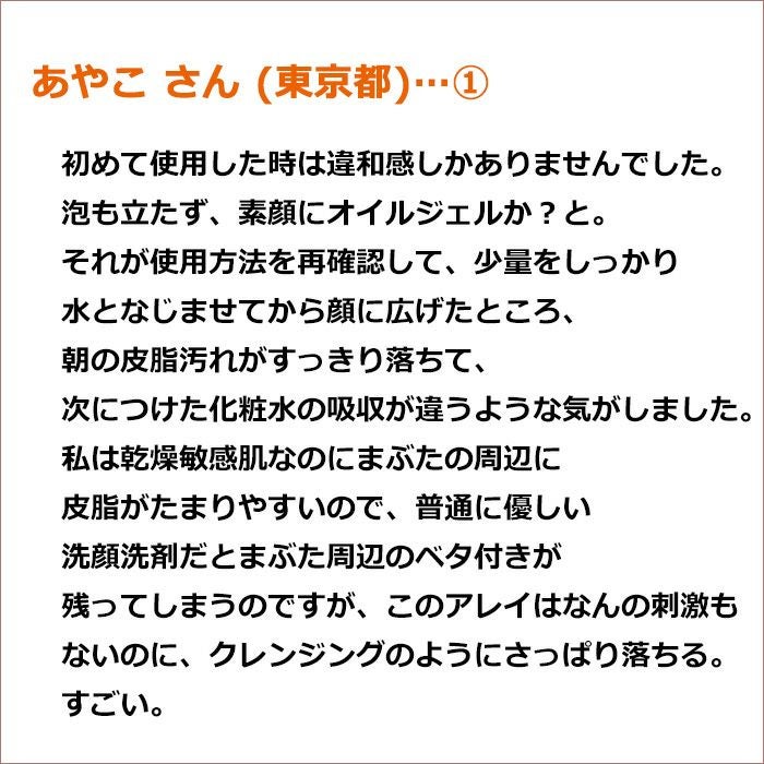 あやこ さん(東京都/女性)  初めて使用した時は違和感しかありませんでした。 泡も立たず、素顔にオイルジェルか？と。  それが使用方法を再確認して、少量をしっかり水となじませてから顔に広げたところ、 朝の皮脂汚れがすっきり落ちて、次につけた化粧水の吸収が違うような気がしました。